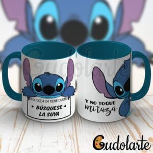 taza cerámica personalizada Sticth no toque mi taza interior y mango celestes