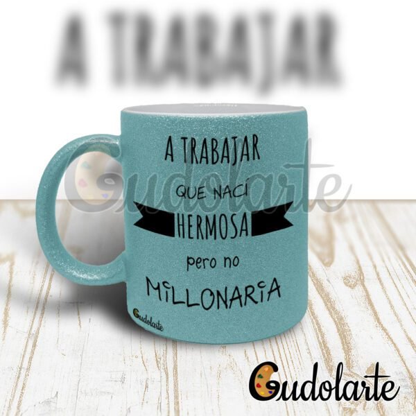 Taza cerámica glitter celeste pastel personalizada a trabajar