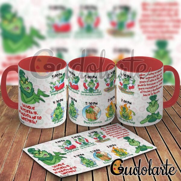 Taza de cerámica personalizada Grinch revisa su agenda, interior y mango color rojo.