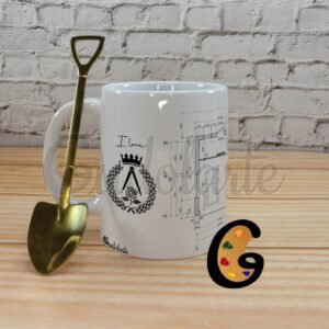 Taza personalizada de cerámica arquitectura con cucharita en forma de pala.